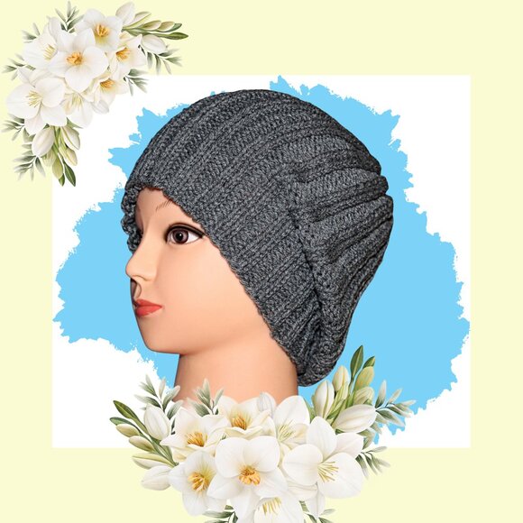 Hand Knit Heather Gray Slouch Beanie, Ribbed Acrylic Winter Hat - Picture 1 of 8